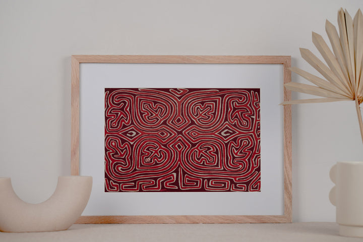 Red and white anchor mola, hand stitched Guna panel from Panama, 20 by 15 inches