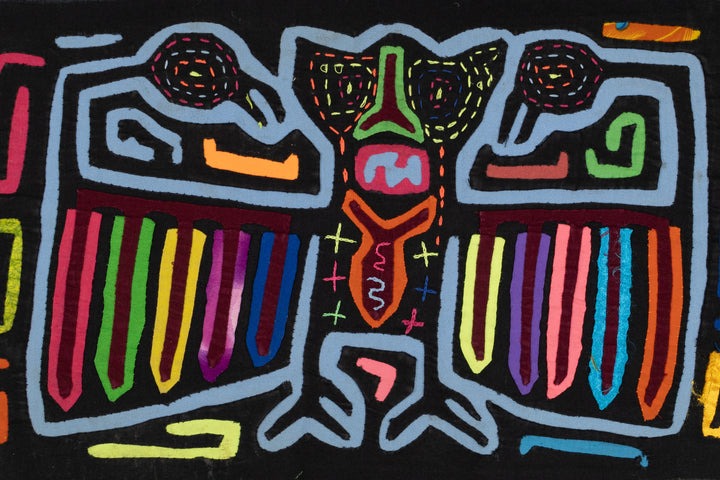 King of the jungle with feathered advisors mola, hand stitched Guna panel from Panama, 16 by 9.5 inches