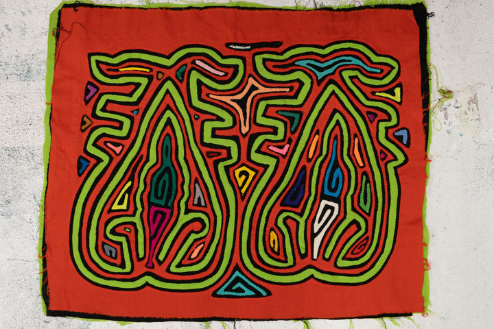 Orange &amp; Green Prancing Blob Mola