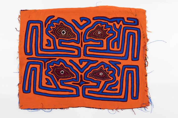 Kuna Indian Hand Stitch Orange and Blue Panama Mola Textile Art