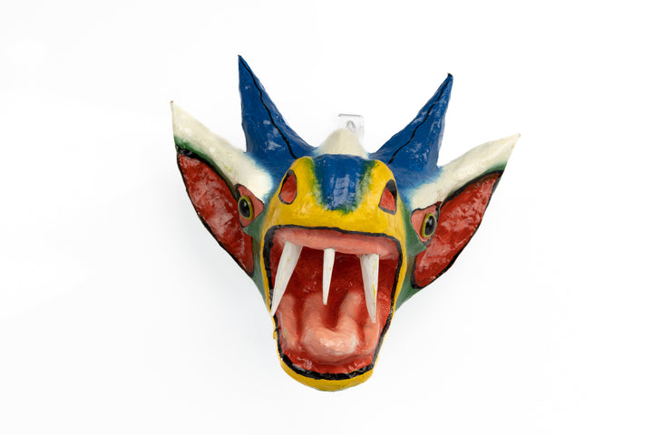 Blue Horns White Ears White Forehead Paper Mache Mask