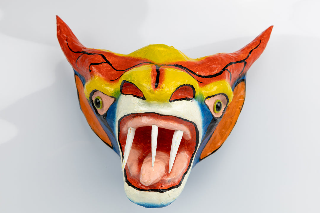 Orange Horns Three Teeth Paper Mache Mask