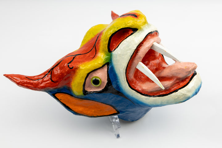 Orange Horns Three Teeth Paper Mache Mask