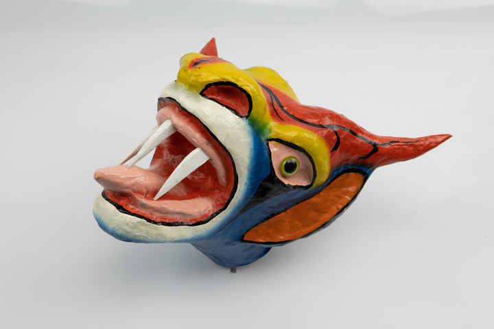 Orange Horns Three Teeth Paper Mache Mask