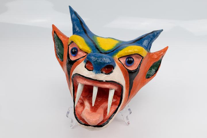 Blue Horns Orange Ears Paper Mache Mask