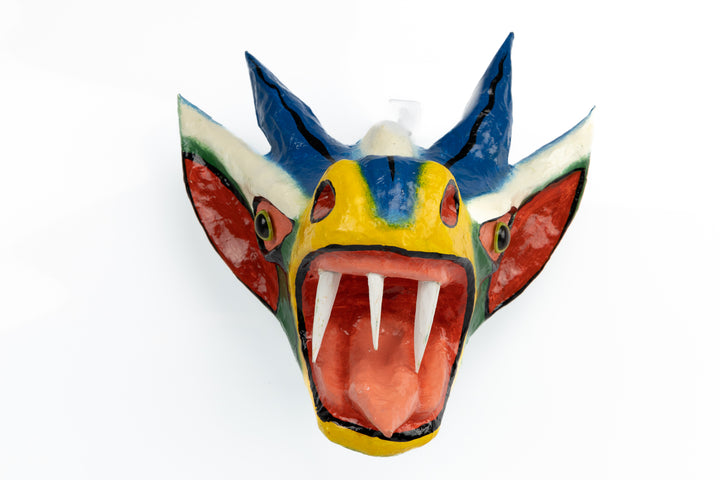 Blue Horns Three Teeth Orange Ears Paper Mache Mask