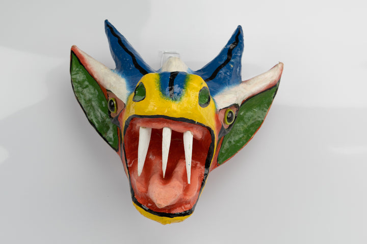 Blue Horns Green and White Ears Paper Mache Mask