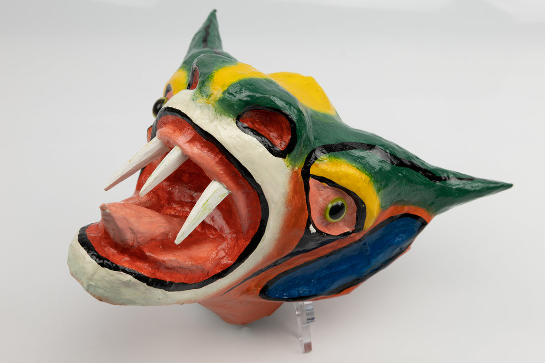 Green Horns Yellow Forehead Paper Mache Mask