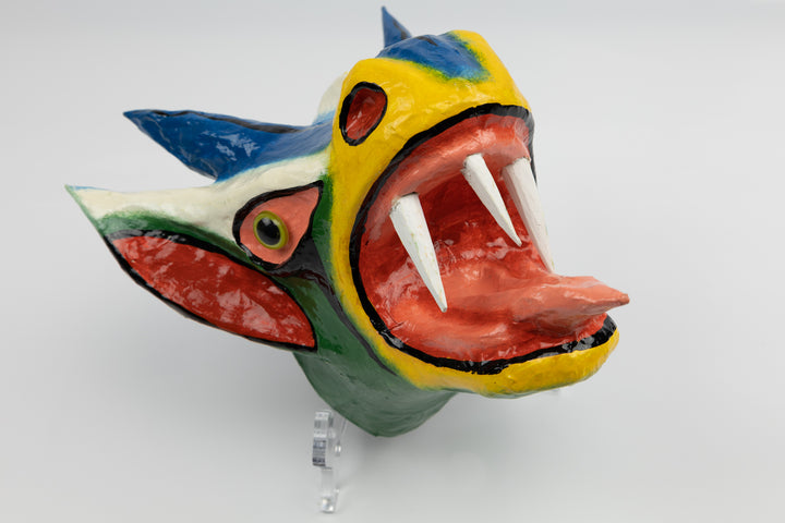 Blue Horns Three Teeth Orange Ears Paper Mache Mask