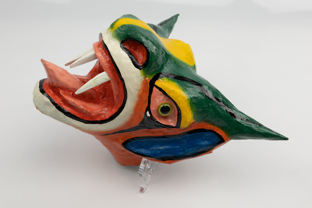 Green Horns Yellow Forehead Paper Mache Mask