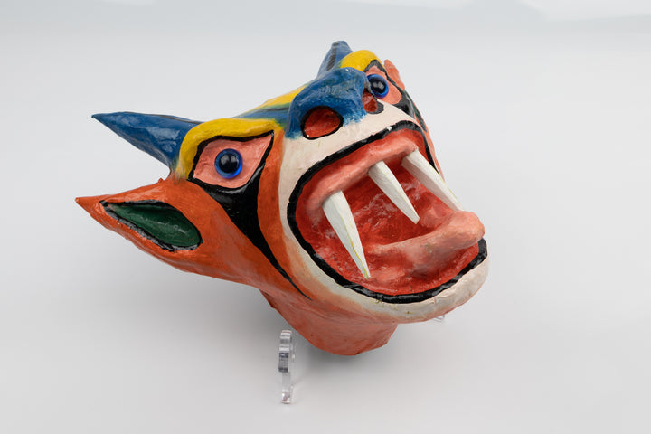 Blue Horns Orange Ears Paper Mache Mask