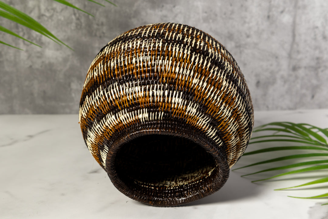 Brown Black White Spiral Woven Basket