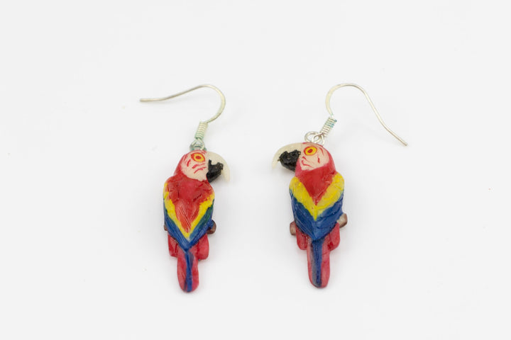 Hand Carved Macaw Parrot Earrings Panama