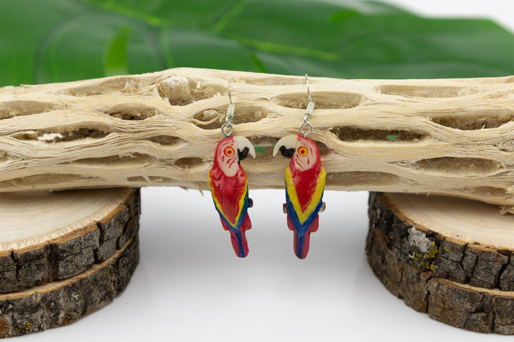 Hand Carved Macaw Parrot Earrings Panama