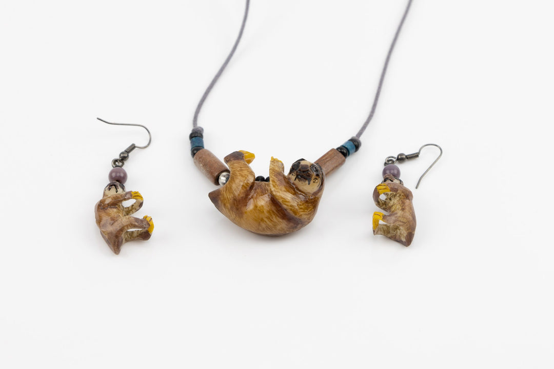 Hand Carved Sloth Necklace and Earrings Panama